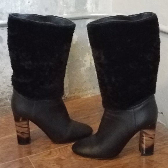BURBERRY Black Leather and Shearling Tortoise Shell Block  Heel Boots - Picture 1 of 8